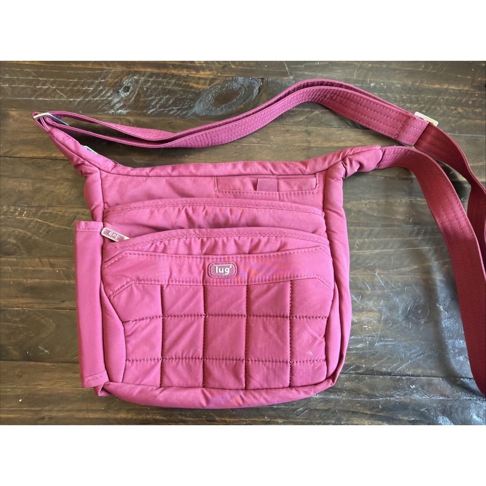 Lug Burgundy Quilted Crossbody Bag Zip Closure Multiple Pockets Pink Lining